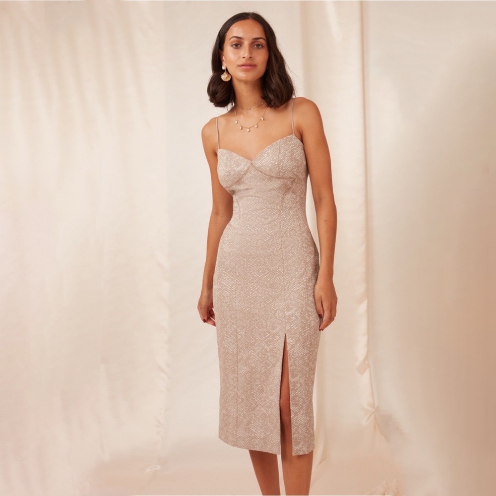 Finders Keepers Olivia‎ Cream Beige Front Slit Snakeskin Midi Dress Size 10
